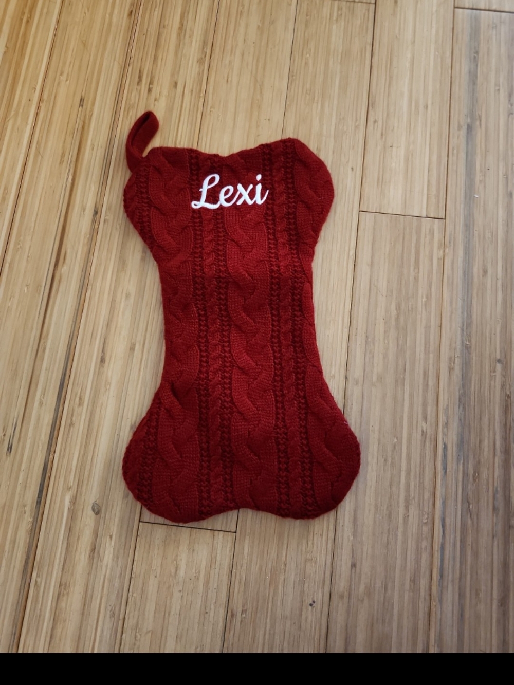 Embroidered Pet Stocking Dog bone outline red white lettering "Lexi" christmas